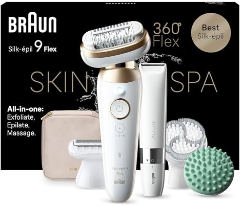 Braun Silk-épil 9 Flex SkinSpa All-in-One Set, Epilierer Damen / Haarentferner für langanhaltende Haarentfernung, Ladyshaver, Mini-Rasierer für den Körper, 9-481 3D, weiß/Gold