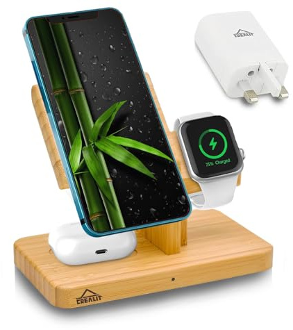 Bamboo 3 in 1 Wireless Charging Station with 30W Adapter – MagSafe Compatible with iPhone 12/13/14/15/16,17, Apple Watch Charger, Apple Charging Station, wireless charger iphone, airpods