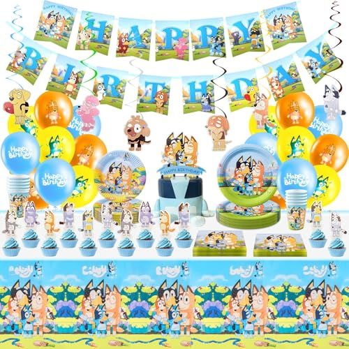Wirhaut Partygeschirr Geburtstagsdeko,111 Stück Bluey Kindergeburtstag Deko Partygeschirr Kindergeburtstag Set Inklusive Banner,Luftballons,Cake Toppers,Tischdecken,Teller und Servietten