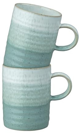 Denby - Kiln Green Coffee Mugs 2 Piece Set- 400ml Capacity - Dishwasher & Microwave Safe Crockery - Hand-Crafted Ridge - Unique Glaze Effect - Ceramic Stoneware - Chip & Crack Resistant - L8xW8xH10.5