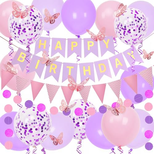Purple and Pink Birthday Decorations, Happy Birthday Banner and Purple Pink Balloons, Butterfly Stickers and Circle Dot Paper Garland, Bunting Banner, for Women Girls Party Decoration