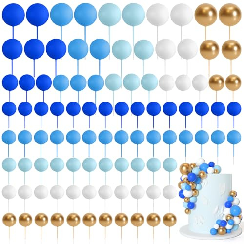 Bouiexye 75 Pieces Cake Ball Toppers Decorations Foam Cupcake Toppers Mini Balloon Cake Picks for Birthday Party Wedding (Blue Gold White Series)