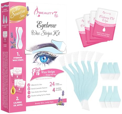 Beauty7 Bandes de Cire Froide Sourcils - Peaux Sensible - 24 Bandes + 4 Lingettes Apaisantes - Épilation Visage - Peau Lisse Jusque 4 à 6 Semaines