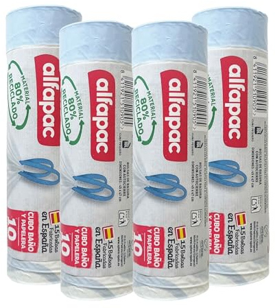 80% reciclado 4 rollos de 15 bolsas de basura (60 bolsas) de 10L, Ultra resistentes, Triple capa, Antigoteo, autocierre