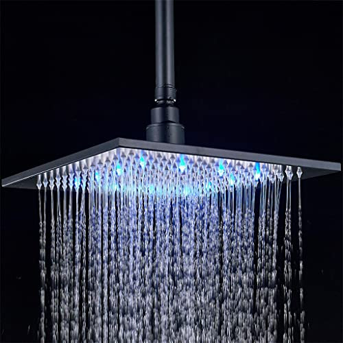 (en:LED 16 Rainfall ShowerHead Stainless Steel Square Color Changing Lights Showerhead (Size : Black))