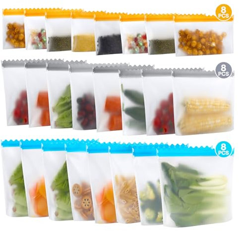 Organizer,24 Sacchetti Alimenti Richiudibili Riutilizzabili con Fondo Piatto, BPA Free,3 Misure (3000ml, 1250ml, 625ml)