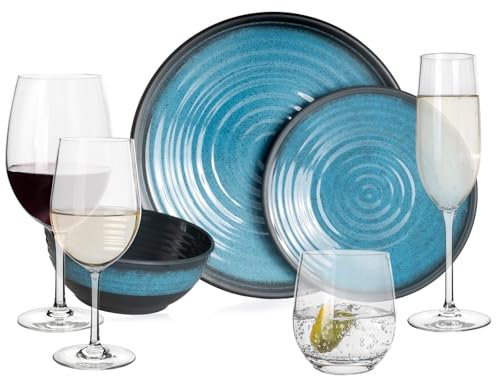 Vajilla de melamina para camping, 4 personas, color azul piedra + 16 vasos de agua Tiamo copas de vino, copas de champán, vajilla de pícnic, barbacoa