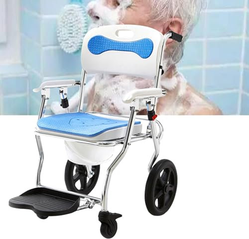 Klappbarer Duschstuhl mit Rollen, breiter Roll-Duschrollstuhl für Erwachsene, 3-in-1-Toilettenstuhl am Nachttisch, mobiler Duschstuhl mit feststellbaren Rollen, Badestuhl für ältere Erwachsene