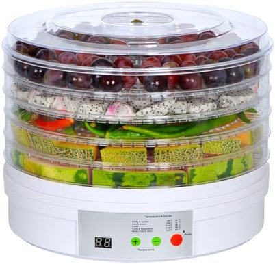 Fruit Dryer, Food Dehydrato, 350W Dehydrator, 5-Tray Dryer for Beef Jerky, Meat, Fruit, Dog Treats, Herbs Vegetable, Digital, 360°three-dimensional heating, Digital Time and Temperature Control