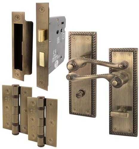 EAI Antique Brass Door Handles with Bathroom Lock 64mm Hinges - Rope Scroll | Complete Bathroom Kit with 1 Pair of Scroll Roped Edge Lever Door Handles, 64mm Bathroom Lock, Hinges, Fixings Included