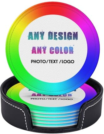 Personalisierte Leder-Untersetzer, Set mit 6 personalisierbaren Untersetzern für Getränke, fügen Sie Ihr eigenes Fototext-Logo hinzu, individuelle Getränkematte, Getränkehalter für Bar, Kaffee,