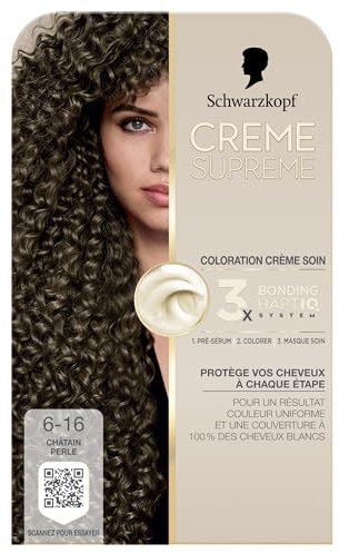 Creme Supreme, Schwarzkopf, Coloration Permanente Creme Soin, Couverture 100% Cheveux Blancs, Resultat Couleur Uniforme, 3x Bonding HaptIQ System, Pre serum et Masque Soin, 6.16, Chatain Perle
