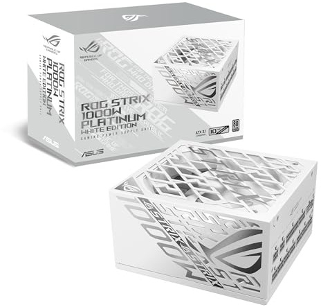 Asus Bloc d'alimentation ROG Strix 1000 W Platinum White, entièrement modulaire, 80+ Platinum, ATX 3.1, PCIe 5.1, GaN MOSFET, stabilisateur de Tension Intelligent