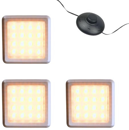 kalb | LED Vitrinenleuchte Quina, 3000K, 12V, mit Fußschalter, 1-10er Set, silber matt, quadratisch, 53mm, mit Erweiterung dimmbar (3er Set)