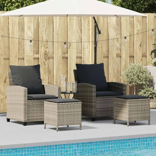 Homgoday 4-TLG. Garten-Sofagarnitur mit Kissen Balkonmöbel Balkonset Rattansessel mit Hocker Gartenlounge Set Lounge Möbel Terrassenmöbel Sitzgruppe Hellgrau Poly Rattan