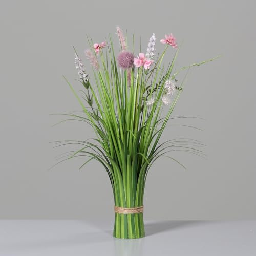 mucplants Künstliches Stehgras mit Blüten, Kunstpflanze Dekogras, Rosa-Weiße Blumen, Grüne Grashalme mit Juteschnur (Pink)