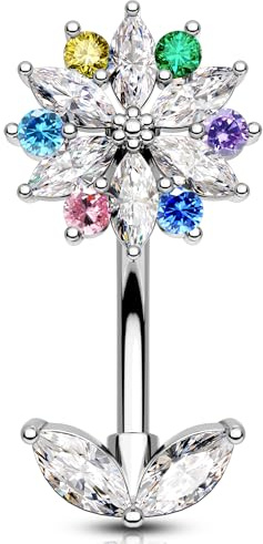 OUFER 14G Fleur Piercing Au Nombril Acier Chirurgical 316L Multicolore CZ Belly Button Ring 10 mm Boule de Piercing de Ventre pour Femme Anneau de Nombril