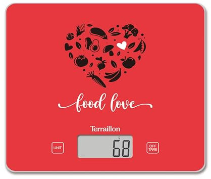 TERRAILLON - T1040 FOOD LOVE- Bilancia da cucina elettronica, Piatto in vetro, Capacità 3 kg, Graduazione 1g, Tara, Conversioni Liquidi, Ultra-Fine e compatta - Schermo LCD - Rosso