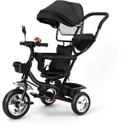 Kleinkind-Dreiräder, Multi-Funktions-Dreirad mit Verstellbarem Schubstange Lenksystem, Kinderwagen, Kinderdreirad mit Sonnenschirm, Verstellbarer Sitz (schwarz-4 in 1)