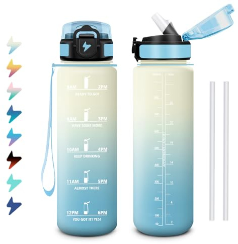 Gourde 1L, Bouteille d'eau Sport, Gourde avec Paille, Bouteille d'eau Motivation Marqueur de Temps, Étanche et Réutilisable, Facile à Nettoyer, pour Enfant, Voyage, Randonnée, Camping, Cyclisme