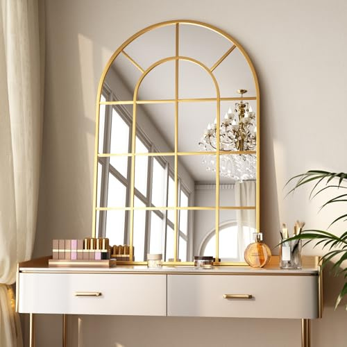 Koonmi Bogen Wandspiegel mit Gitter 90 x 60 cm, Gold | Dekorativer Spiegel aus gehärtetem Glas für Schlafzimmer, Wohnzimmer und Eingangsbereich, markantes Gitterdesign