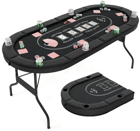 HOMASIS 182 x 82cm Table de Poker Pliable 8 Joueurs, avec 8 Porte-gobelets en Métal, Rampes Rembourrées pour Jeu de Cartes Jeu de Société, Table de Jeu pour Soirée en Famille, Salle de Jeux (Noir)