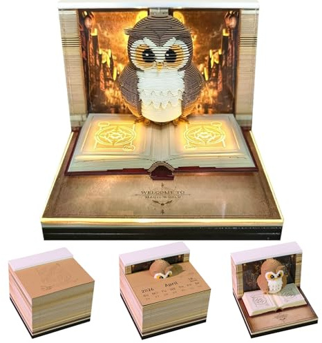 2026 3D Desk Calendar, Unique and Creative Paper Sculpture Calendar, Tear Off Paper Carving Art Memo with LED Lights and Dust Covers, DIY Tearable Post Notes for Desktop Decoration Gift (Owl)