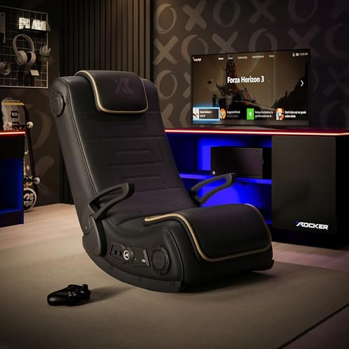 X-Rocker Sentinel 4.1 Floor Rocker, Stereo Audio Console Gaming Chair - Bluetooth Connectivity, Reactive Vibration, Folding Arms, Wipe-Clean Faux Leather for Teens & Adults - Black & Gold