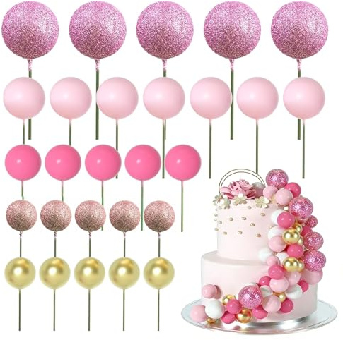 xolear 50 st kakdekorationer bollar, 4 storlekar bollar kaka toppare mini, gör-det-själv för födelsedagstårta födelsedag, skumboll cupcake topper för födelsedagsfest bröllop (rosa/guld)