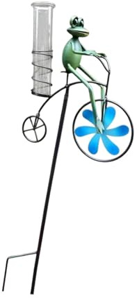 Pluviomètre Décoratif Grenouille sur Vélo avec Moulin à Vent, Jauge de Pluie en Fer pour Jardin Ferme Allée 28x77 cm
