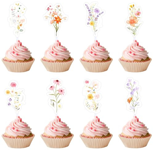 36PCS Flower Cupcake Toppers, Wildflower Baby Shower Decorations, Baby in Bloom Cake Topper, Gender Reveal Cake Topper for Birthday Party Decor