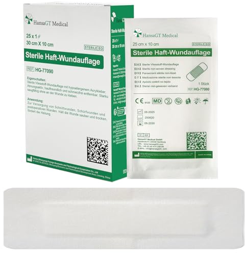 HansaGT Medical Steril Wundpflaster 30cm x 10cm, Steriler Wundverband für sensible Haut, Sensitiv & Selbstklebend Schützt bei Schnittwunden Kratzern zur äußeren Einzeln verpackt 25 Stück