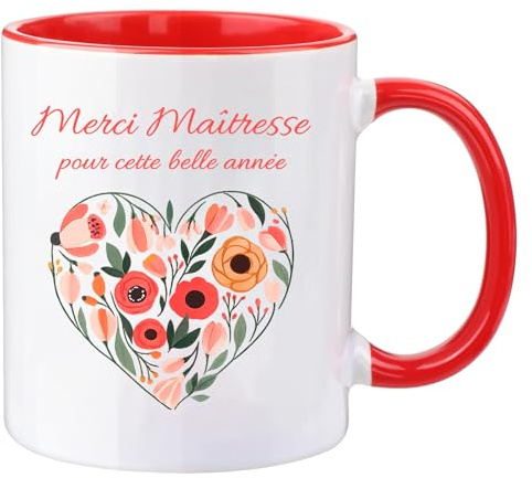 AHEZQILU Cadeau Maitresse D'école, Mug Merci Maitresse, Tasse Avec Motif Coeur Floral, Idée Cadeaux Maitresse Institutrice, Cadeau Fin D'année Scolaire, Decoration Bureau Professeur Femme