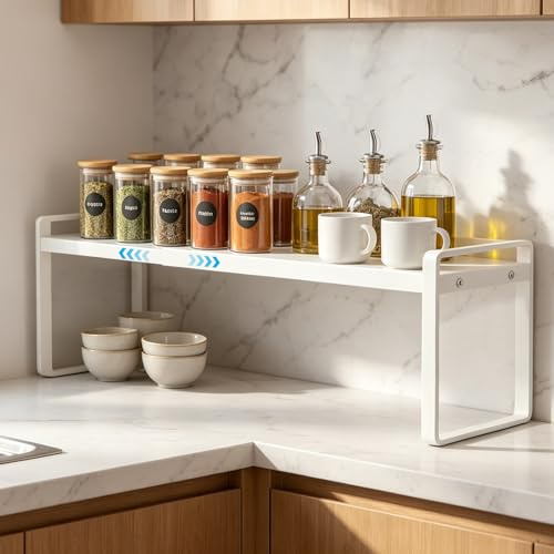 Erweiterbares Schrankregal - 24-42cm Stapelbarer Küchenregal Organizer Weiß | für Küchenschrank und Arbeitsplatten, Mikrowellen Regal, Speisekammerregal Verstellbarer Regal Gewürzregal Lagerregal