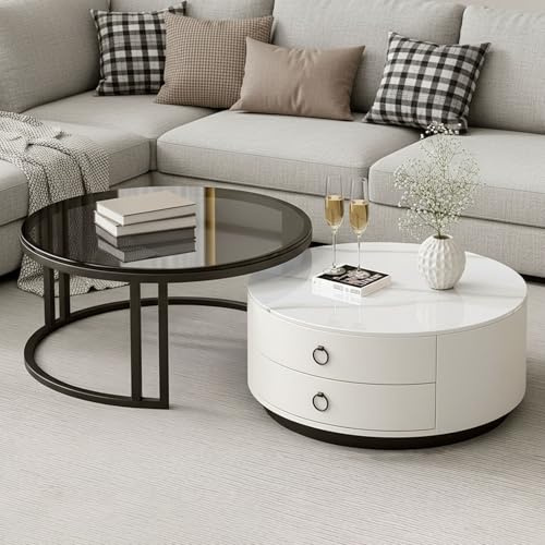 Generisch Rund Satztische Couchtisch 2er Set mit Stauraum Wohnzimmertisch | Moderner Beistelltisch Kaffeetische, Tischplatte aus sinteriertem Stein in Marmoroptik und Gehärtetem Glas, Metallgestell