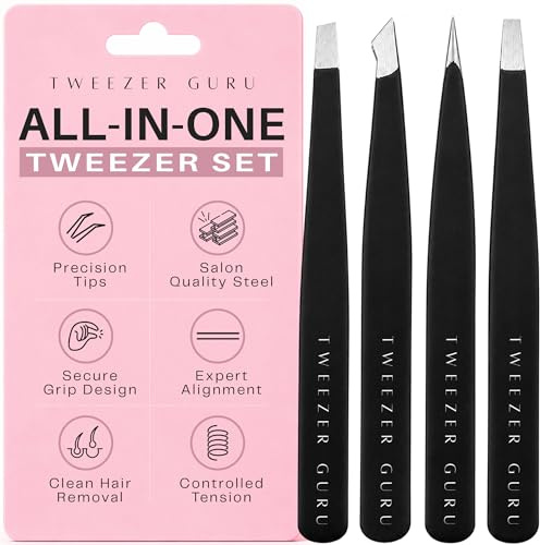 Pinzas de Depilar Profesionales Tweezer Guru Para Cejas (Set de 4) – Pinza Punta Acero Inoxidable – Gran Precisión para Pelos Faciales, Pelos Encarnados, Espinillas y Astillas (Negro)