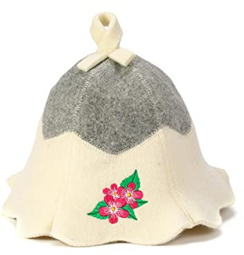 Natural Textile Saunahut 'Sauna Flower' White - 100% organische Wollfilzmützen - Schützen Sie Ihren Kopf vor Hitze - Englische Sauna E-Book Handbuch inklusiv - mit Stickerei