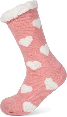 styleBREAKER calcetines antideslizantes de mujer con forro de pelo de peluche y motivo de corazones, talla 35-42 EU / 5-10 US / 4-8 UK 08030007, color:Rosa-Blanco