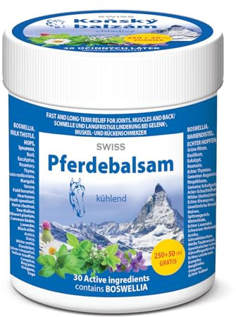 SWISS Balsamo per cavalli rinfrescante, 300 ml, contro dolori articolari, muscolari e alla schiena.
