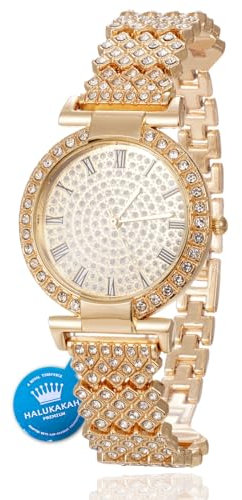 Halukakah Diamanten Gold Uhr, Damen 18K Echtes Gold Plattiert 33MM Breite Round Zifferblatt Quarz Armband 19cm,Kostenlose Geschenkbox