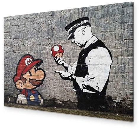 murando - Akustikbild Banksy Super Mario Mushroom Cop Bilder Akustikschaum Hochleistungsschallabsorber Schallschutz Leinwand 1 tlg Wandbild Raumakustik Schalldämmung Street Art
