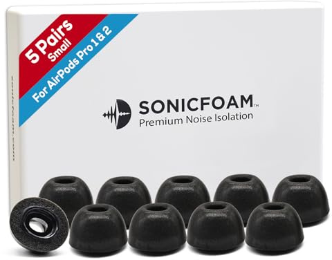SONICFOAM Memory-Schaum-Ohrhörer-Aufsätze – Prämie Geräuschisolierung, Ersatz-Ohrhöreraufsätze aus Schaumstoff, 10 Stück für Airpods Pro 1 & 2 (SFAIR klein, Schwarz)