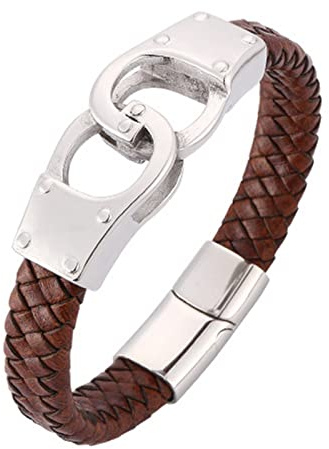 Dsnyu Armband Paar Leder, Silber Lederarmbänder Jungen, 18.5CM Handschellen Magnetschnalle Geflochten Armband Charms für Weihnachten