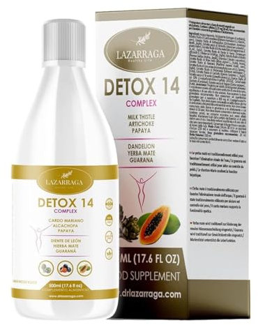 DETOX POTENTE COMPLEX 14 EN 1 para Hígado y Colon | Cardo Mariano + Diente de León + Guaraná + Alcachofa + Té Verde | Depuración, Digestión y Retención de Líquidos | 500ml Vegano | Sabor Frutos Rojos
