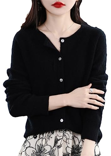 Youllyuu Maglione Cardigan Girocollo in Lana 100% Cappotto Maglione in Cashmere Maglione Sottile Lavorato a Maglia Tinta Unita Black XXL