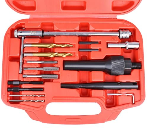 Glühkerzen-Entfernerwerkzeug-Set, 16-teilig, Gewinde-Reparatur-Set für 8 mm 10 mm Glühkerzen mit Ratsche, B-ar Bohrer-Halteadapter, Nietmutter-Werkzeug, Nietmuttern-Set