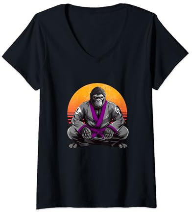 Damen Brazilian Jiu Jitsu Lila Gürtel Gorilla in Gi T-Shirt mit V-Ausschnitt