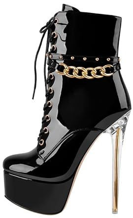 blingqueen Plateau Stiefeletten Damen Stiletto Ankle Boots Schnürstiefeletten Lackleder Schwarz 45 EU