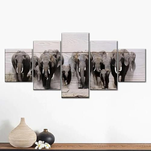 QIANYY 5 Teilig Leinwand Wanddeko Poster Home Decor Möbel Art Decor Elefanten in Bewegung Modern Wandbilder Wohnzimmer Dekoration Modular Canvas Poster Hd Drucke Mit Holzrahmen 100 * 55cm