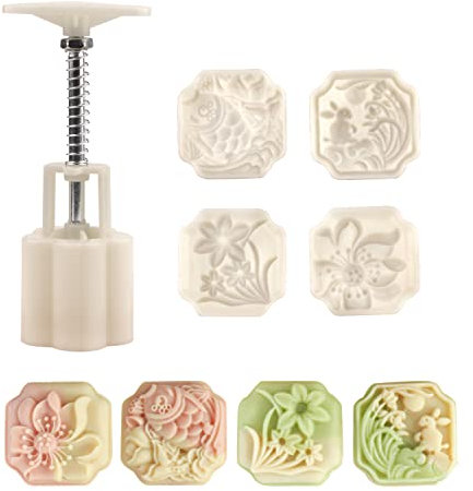 Chinesische Set aus Formen für Mondkuchen， Mondkuchenform mit 4 Ausstechformen mit einstellbarer，DIY Mond Kuchen Pressformen (U)